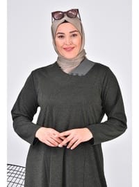 Kadın Büyük Beden Ay Yaka Anne Elbise Uzun Tesettür Haki