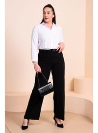 Kadın Kumaş Pantolon, Kemerli, Geniş Paça Palazzo Model, Siyah
