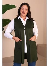 Kadın Büyük Beden Tesettür Yelek Düğmeli ve Cepli Esnek Yelek Haki