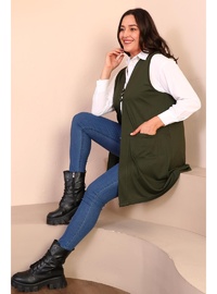 Kadın Büyük Beden Tesettür Yelek Düğmeli ve Cepli Esnek Yelek Haki