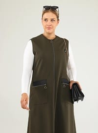 Kadın Deri Cepli Büyük Beden Uzun Yelek Haki