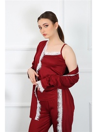 Bordo Dantelli 3'lü Sabahlık Takım