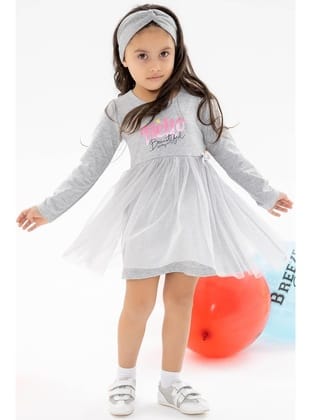 Breeze Kız Çocuk Uzun Kollu Elbise Baskılı Tüllü 1.5-5 Yaş, Gri Melanj