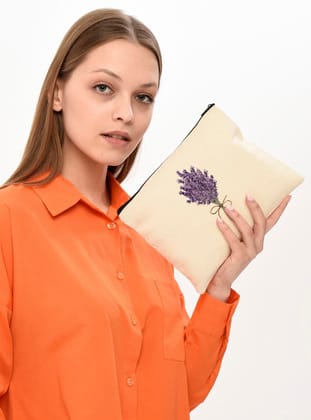 Clutch Lavender Bunch Baskılı Makyaj Çantası - Bej - Çınar Bez Çanta