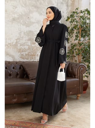 Liva Kolları Taşlı Abaya - Siyah