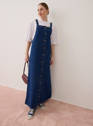 Pamuklu Denim Jile Elbise - Mavi - Benin
