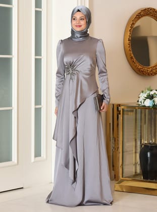 Tesettür Abiye Elbise - Gümüş Rengi - Azra Design