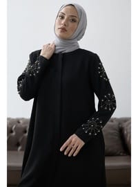 Taş İşlemeli Gizli Patlı Ferace Siyah