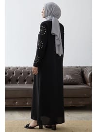 Taş İşlemeli Gizli Patlı Ferace Siyah