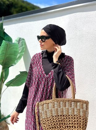 Remsa Tesettür Mayo Üzerine Desenli Tek Kaftan Pareo 430-306 Fuşya