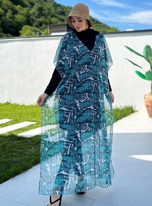 Remsa Tesettür Mayo Üzerine Triko Örme Tek Kaftan Pareo 430-T12 Çizgi Yaprak