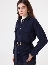 Oversize Cep Detaylı Kaşe Ceket Lacivert