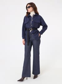 Oversize Cep Detaylı Kaşe Ceket Lacivert