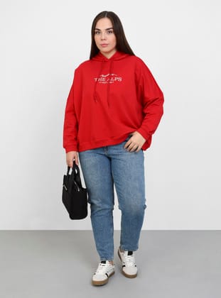 Büyük Beden Baskı Detaylı Kapşonlu Sweatshirt - Kırmızı - Alia
