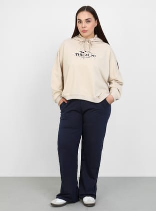 Büyük Beden Baskı Detaylı Kapüşonlu Sweatshirt - Taş rengi - Alia