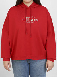 Büyük Beden Baskı Detaylı Kapşonlu Sweatshirt Kırmızı