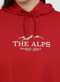Büyük Beden Baskı Detaylı Kapşonlu Sweatshirt Kırmızı