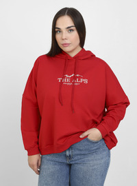 Büyük Beden Baskı Detaylı Kapşonlu Sweatshirt Kırmızı