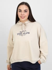 Büyük Beden Baskı Detaylı Kapüşonlu Sweatshirt Taş Rengi
