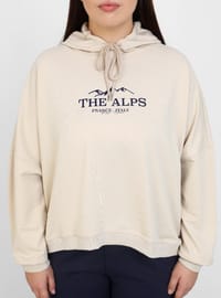 Büyük Beden Baskı Detaylı Kapüşonlu Sweatshirt Taş Rengi