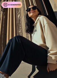 Büyük Beden Baskı Detaylı Kapüşonlu Sweatshirt Taş Rengi