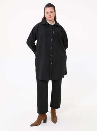 Büyük Beden Oversize Kaşe Ceket - Siyah - Alia