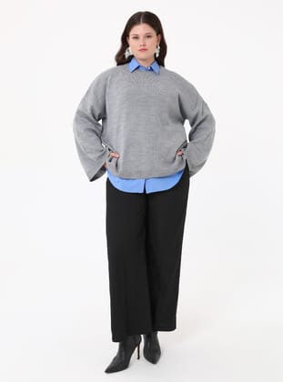 Büyük Beden Oversize Triko Kazak- Gri melanj - Alia