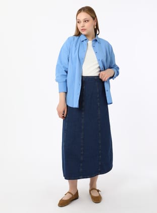 Büyük Beden Kuplu Denim Etek - Koyu Mavi - Alia