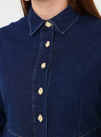 Büyük Beden Düğmeli Cepli Denim Elbise Koyu Lacivert Alia