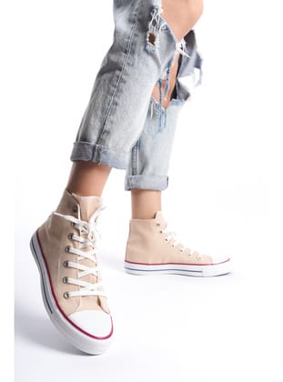 Krem Kadın Uzun Keten Spor Ayakkabı Günlük Sneakers CNV6