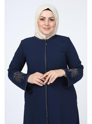 Nakışlı Gizli Fermuarlı Ferace LACİVERT