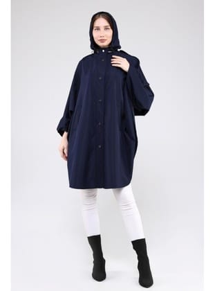 Oversize Kapüşonlu Mevsimlik Panço - Yağmurluk Lacivert