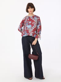 Çiçek Desenli Kolları Bağlamalı Bluz Gömlek Bordo Refka