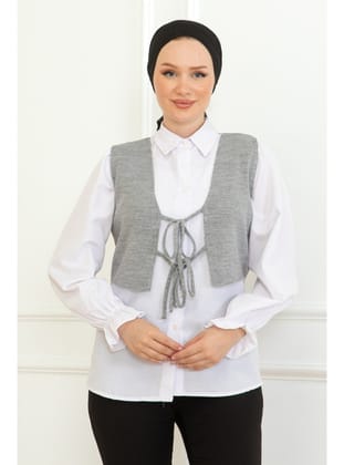 KADIN ÖNDEN BAĞLAMALI RAHAT KALIP TRİKO YELEK GRİ