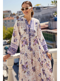 2423 Otantik Desenli Elbise Mor