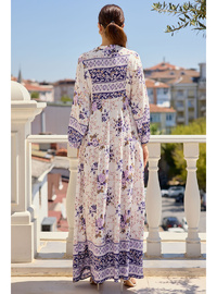 2423 Otantik Desenli Elbise Mor