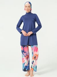 Manolya Desenli Tesettür Mayo Koyu Indigo