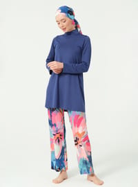 Manolya Desenli Tesettür Mayo Koyu Indigo