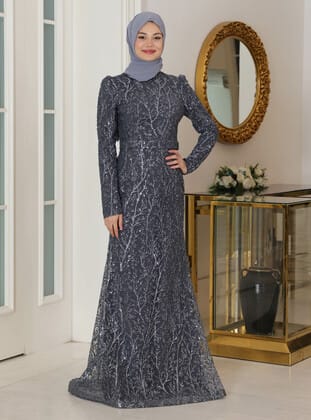 Tuana Tesettür Abiye Elbise - Antrasit - Azra Design