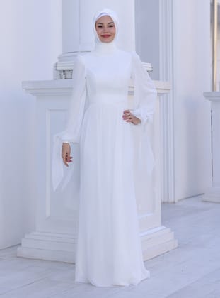 Firuze Tesettür Abiye Elbise - Beyaz - Azra Design
