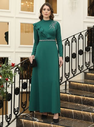 ELİF TAŞLI TESETTÜR ELBİSE - Zümrüt Yeşili - Elben Moda
