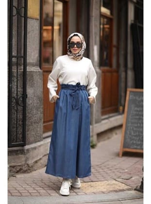 1119-Denim Lastikli Pantolon Etek Koyu Mavi