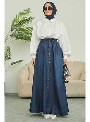 2215-Denim Mevlana Düğmeli Etek Koyu Mavi