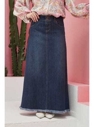 2252-Denim Eteği Püsküllü Etek Koyu Mavi