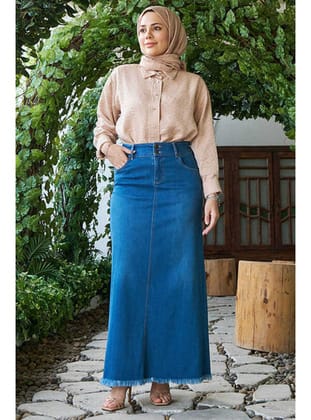 2252-Denim Püsküllü Etek Koyu Mavi