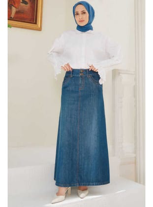 2254-Denim Klasik Etek Koyu Mavi