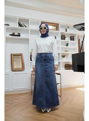 2254-Denim Klasik Etek Koyu Mavi