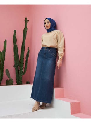 2264-Denim Etek Koyu Mavi