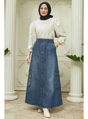 2285-Denim Yan Cepli Etek Koyu Mavi