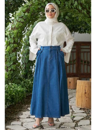 2288-Denim Pileli Etek Koyu Mavi